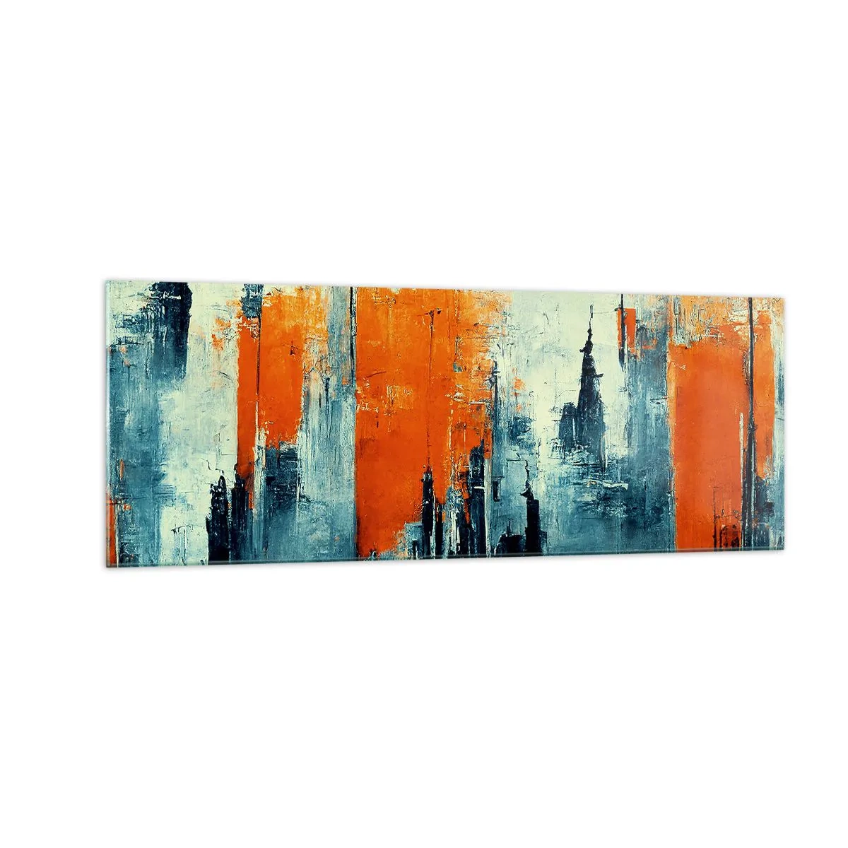 Cuadro sobre vidrio - Impresiones sobre Vidrio - Paisaje urbano abstracto en tonos naranja y azul. - 140x50cm - Paisaje moderno - Decoración de pared moderna para salón y dormitorio ARTTOR