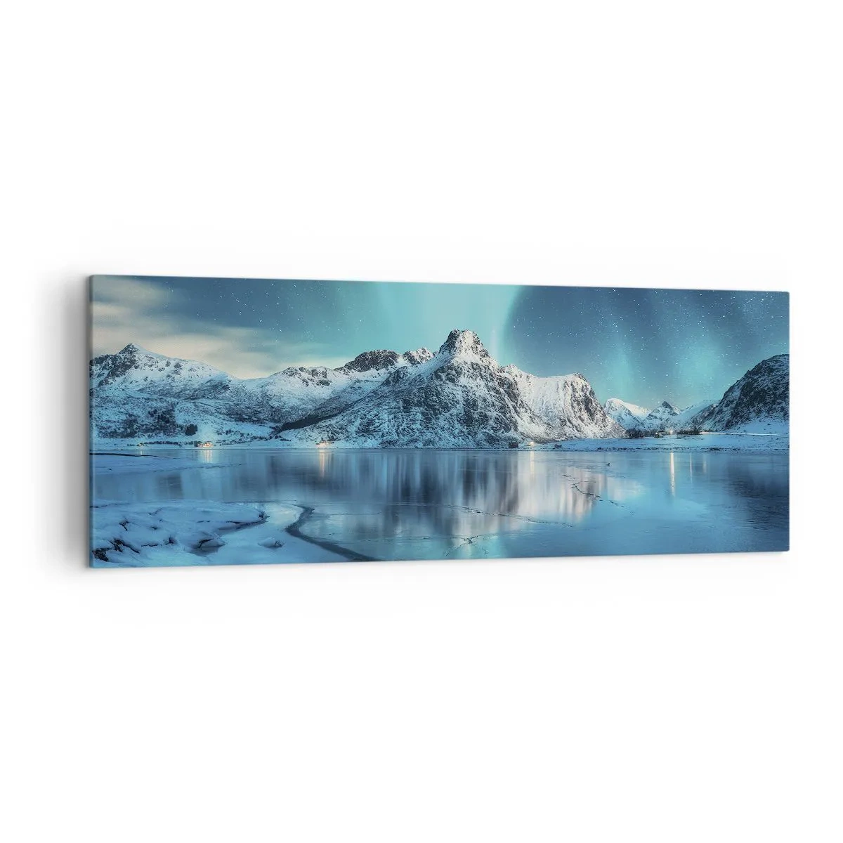 Cuadro sobre lienzo - Impresión de Imagen - Aurora boreal sobre montañas nevadas y un lago - 140x50cm - Una noche de luz - Decoración de pared moderna para salón y dormitorio ARTTOR