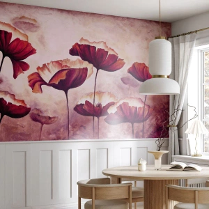 Fotomural Standard Eco - Amapolas rojas en un estilo artístico y pictórico. - 100x70cm - Pétalo rojo y blanco - Decoración de pared moderna para salón y dormitorio ARTTOR