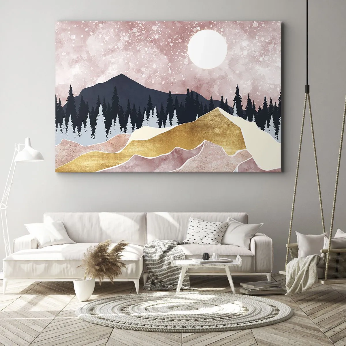 Cuadro sobre lienzo - Impresión de Imagen - Montañas coloridas contra un cielo rosado con una luna - 70x50cm - Vigilancia nocturna - Decoración de pared moderna para salón y dormitorio ARTTOR