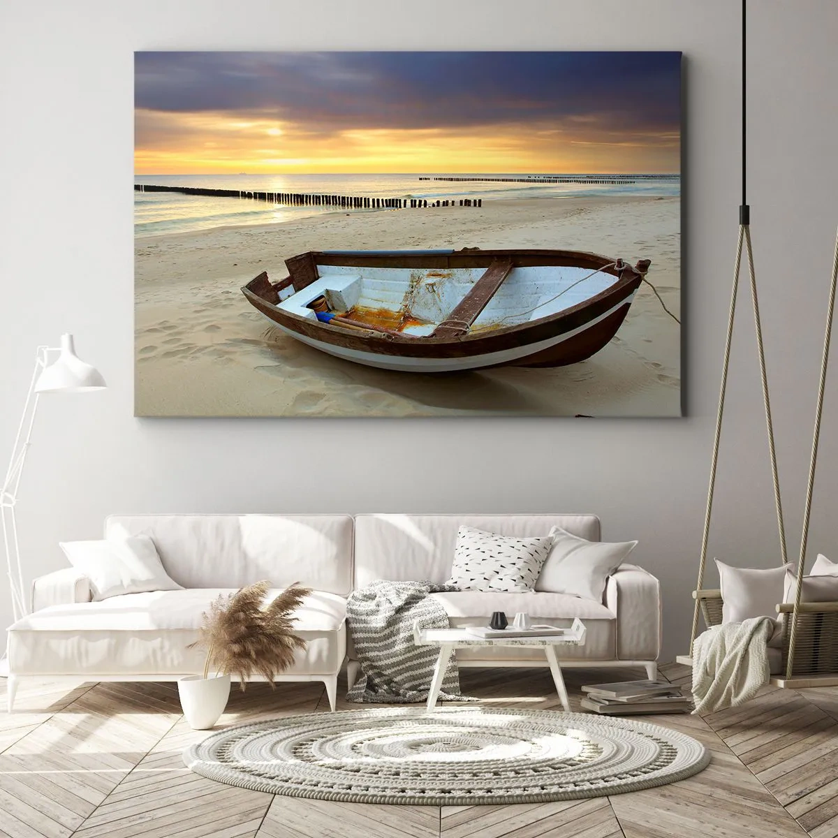 Cuadro sobre lienzo - Impresión de Imagen - Un barco en una playa de arena al atardecer. - 70x50cm - No hay playas más bonitas - Decoración de pared moderna para salón y dormitorio ARTTOR