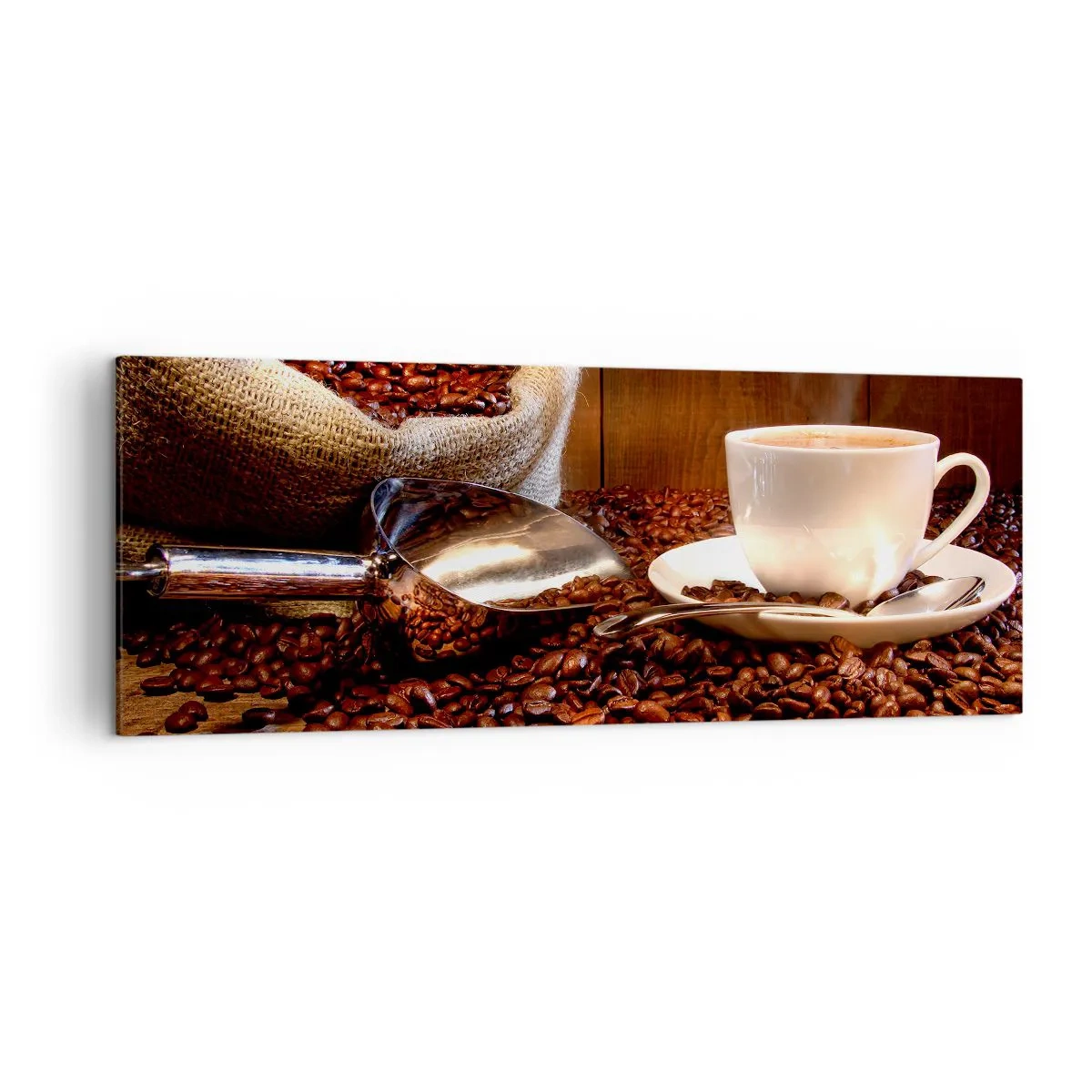 Cuadro sobre lienzo - Impresión de Imagen - Una taza de café con granos de café y una bolsa de granos al fondo. - 140x50cm - ¿Hueles eso? - Decoración de pared moderna para salón y dormitorio ARTTOR