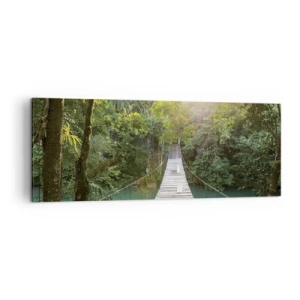 Cuadro sobre lienzo - Impresión de Imagen - Un puente colgante en un bosque tropical iluminado por la luz del sol. - 140x50cm - Sobre el agua azul hacia el bosque - Decoración de pared moderna para salón y dormitorio ARTTOR