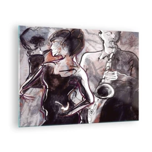 Cuadro sobre vidrio - Impresiones sobre Vidrio - Bailarines y un saxofonista en estilo de boceto artístico. - 70x50cm - Fundirse en uno con la música - Decoración de pared moderna para salón y dormitorio ARTTOR