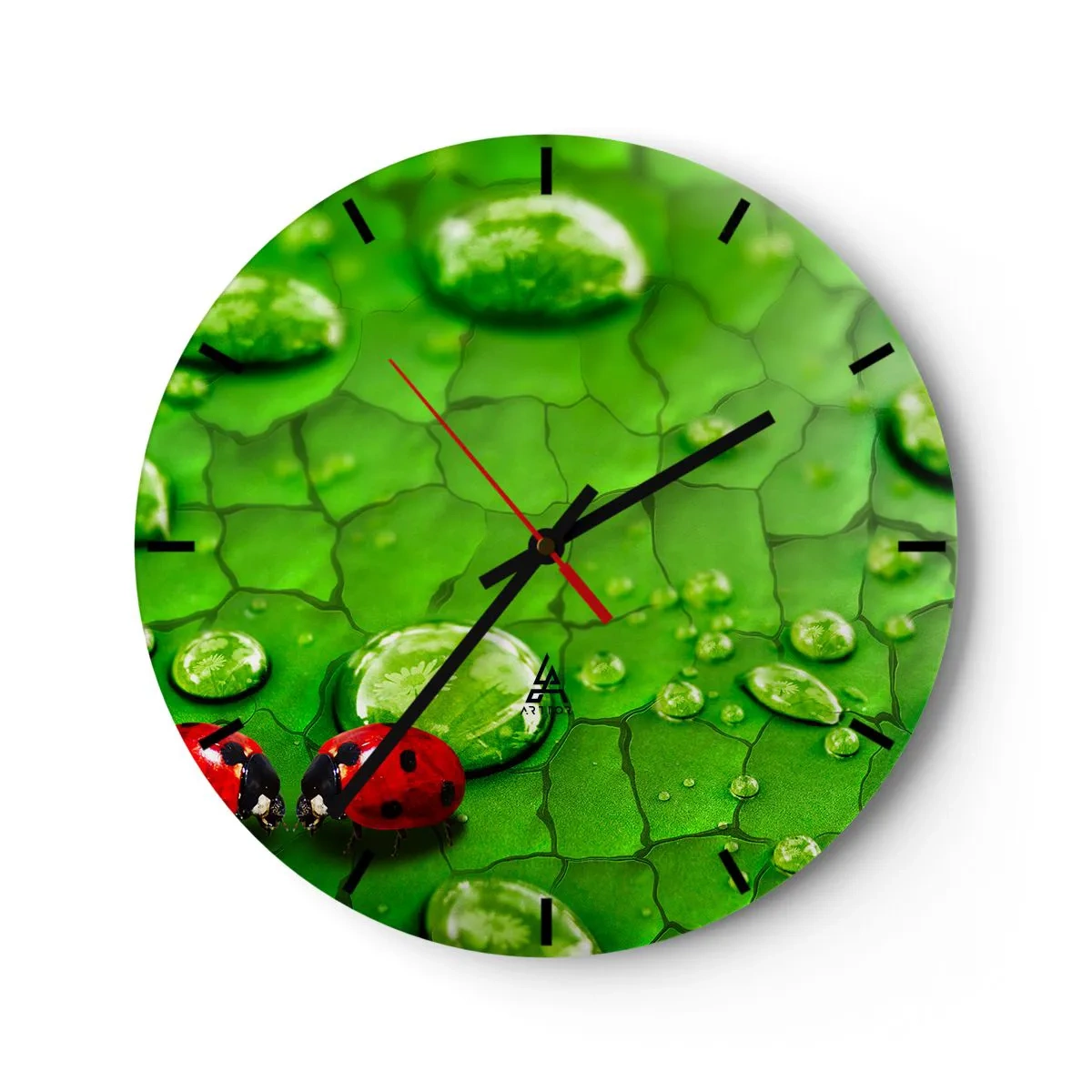 Reloj de pared - Reloj de vidrio - Mariquitas en una hoja con gotas de agua. - 30x30cm - Reunión sobre verde - Decoración de pared moderna para salón, cocina y dormitorio ARTTOR