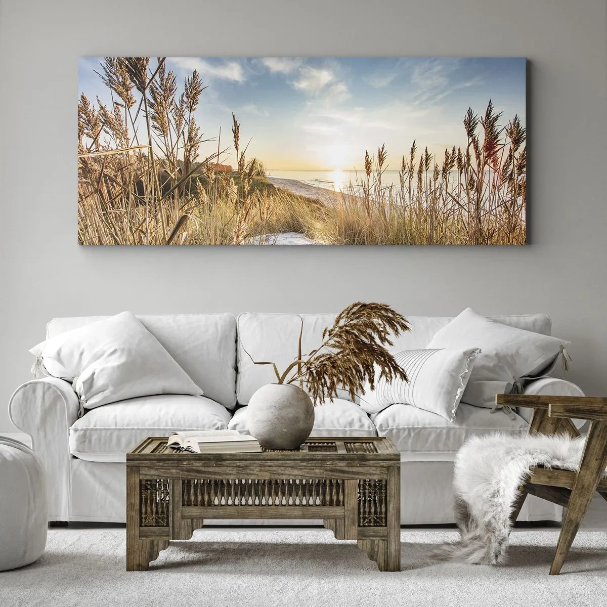 Cuadro sobre lienzo - Impresión de Imagen - Una playa pintoresca con césped y la puesta de sol. - 160x50cm - Playa del norte - Decoración de pared moderna para salón y dormitorio ARTTOR