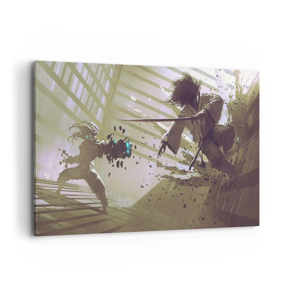Cuadro sobre lienzo - Impresión de Imagen - Lucha dinámica entre dos personajes en estilo futurista. - 100x70cm - Y puedes ser un samurai - Decoración de pared moderna para salón y dormitorio ARTTOR