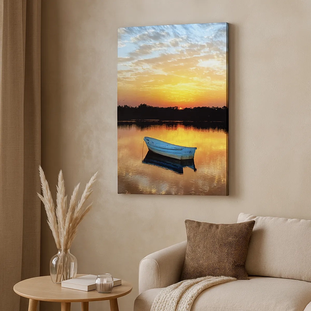 Cuadro sobre lienzo - Impresión de Imagen - Un barco en un lago tranquilo durante la puesta de sol. - 50x70cm - Mirar, escuchar, meditar - Decoración de pared moderna para salón y dormitorio ARTTOR