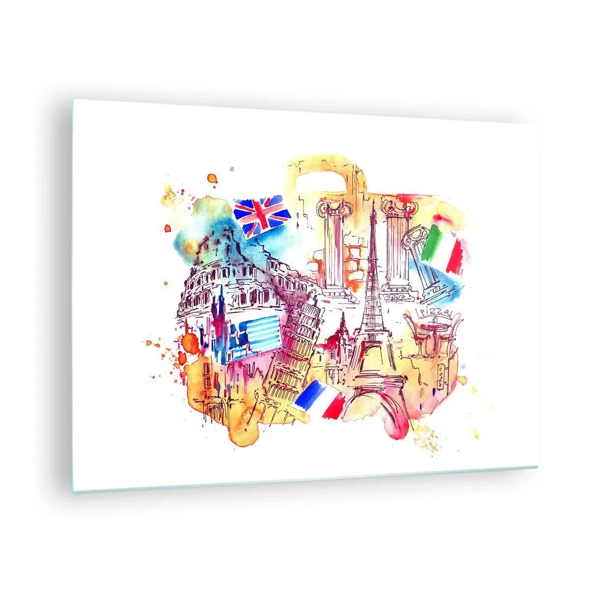 Cuadro sobre vidrio - Impresiones sobre Vidrio - Acuarela de monumentos europeos con banderas de países. - 70x50cm - Gira europea - Decoración de pared moderna para salón y dormitorio ARTTOR