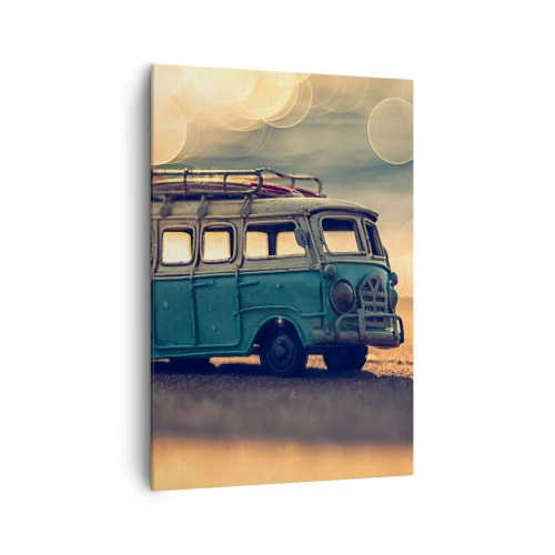 Cuadro sobre lienzo - Impresión de Imagen - Autobús retro contra una luz borrosa - 70x100cm - El fin de los ídolos del dinero y del trabajo - Decoración de pared moderna para salón y dormitorio ARTTOR