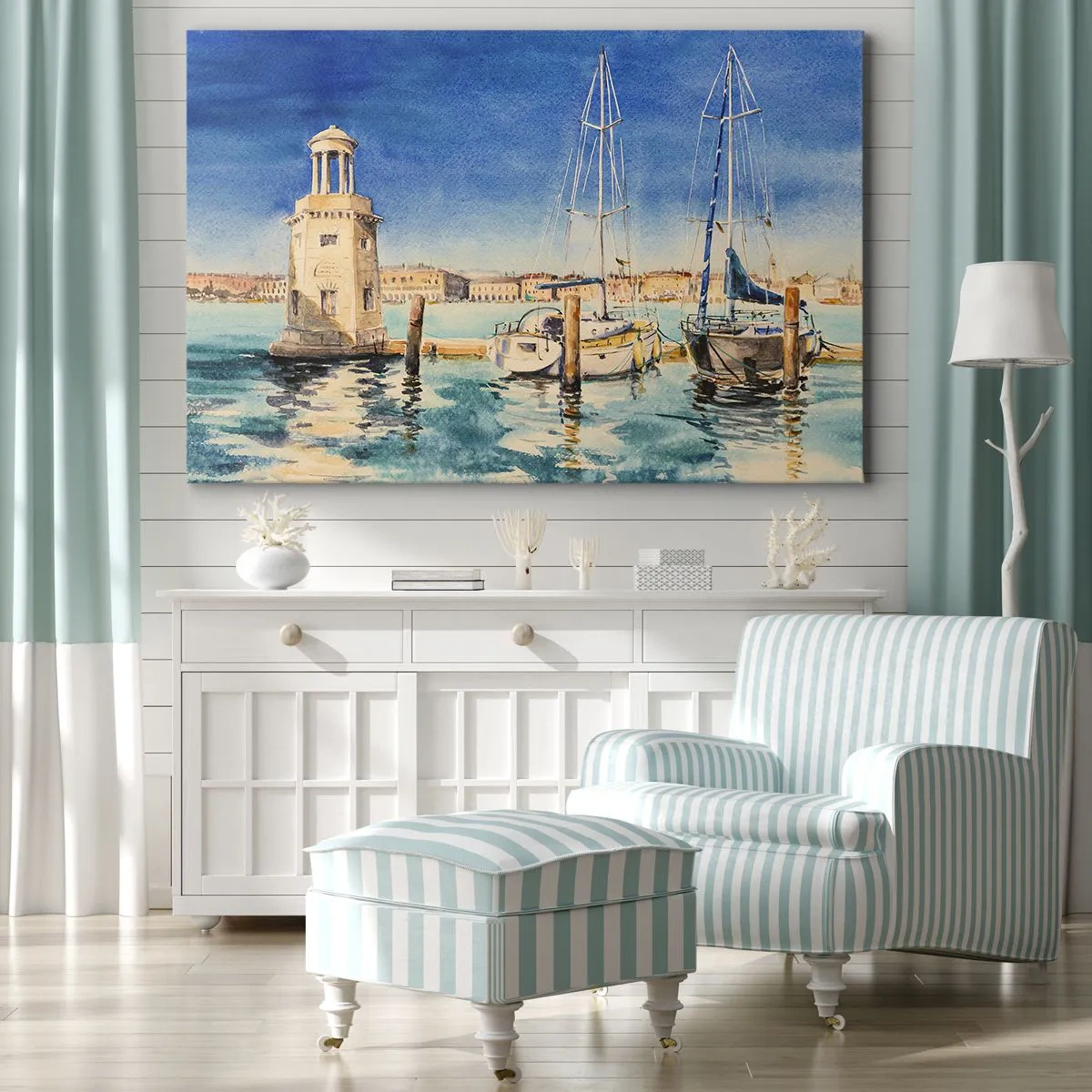 Cuadro sobre lienzo - Impresión de Imagen - Puerto deportivo con barcos con el fondo de una laguna azul - 70x50cm - Laguna soleada - Decoración de pared moderna para salón y dormitorio ARTTOR