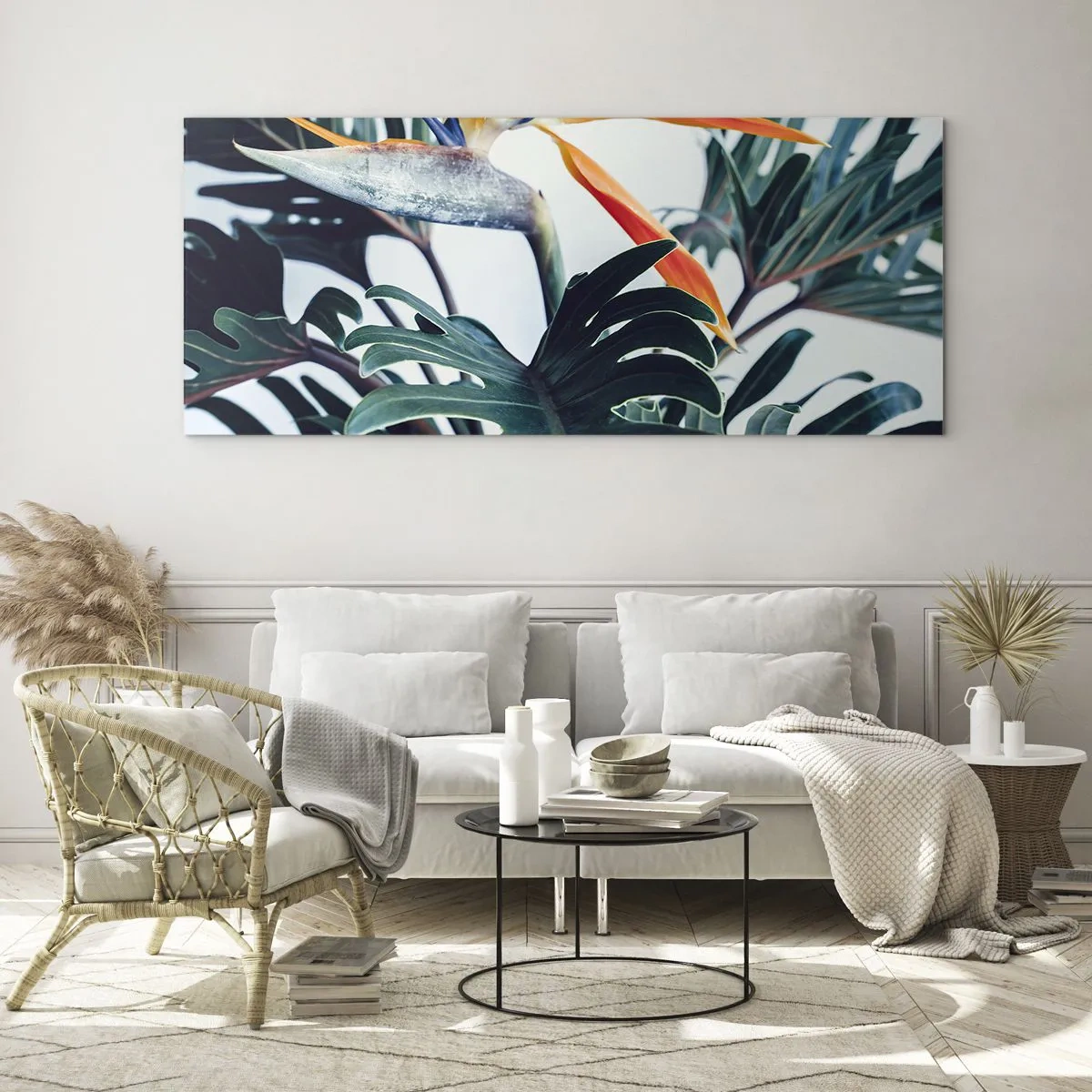 Cuadro sobre vidrio - Impresiones sobre Vidrio - La jaula del pájaro colorido - 100x40 cm