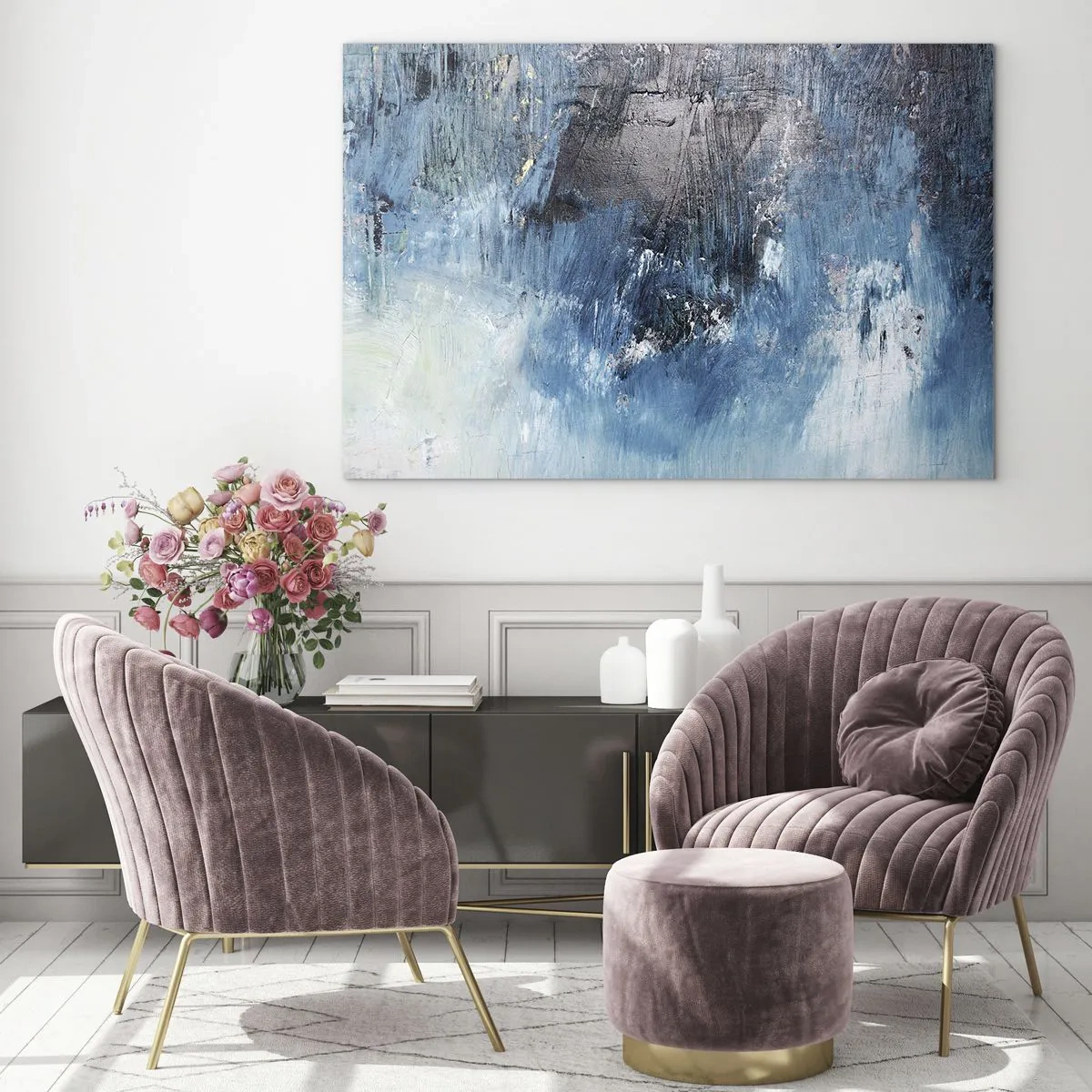 Cuadro sobre vidrio - Impresiones sobre Vidrio - Composición abstracta en tonos azules - 70x50cm - Rapsodia celeste - Decoración de pared moderna para salón y dormitorio ARTTOR