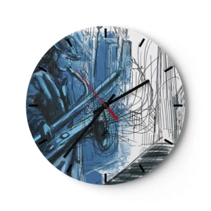 Reloj de pared - Reloj de vidrio - Un músico de jazz en una interpretación artística. - 30x30cm - Rapsodia urbana - Decoración de pared moderna para salón, cocina y dormitorio ARTTOR