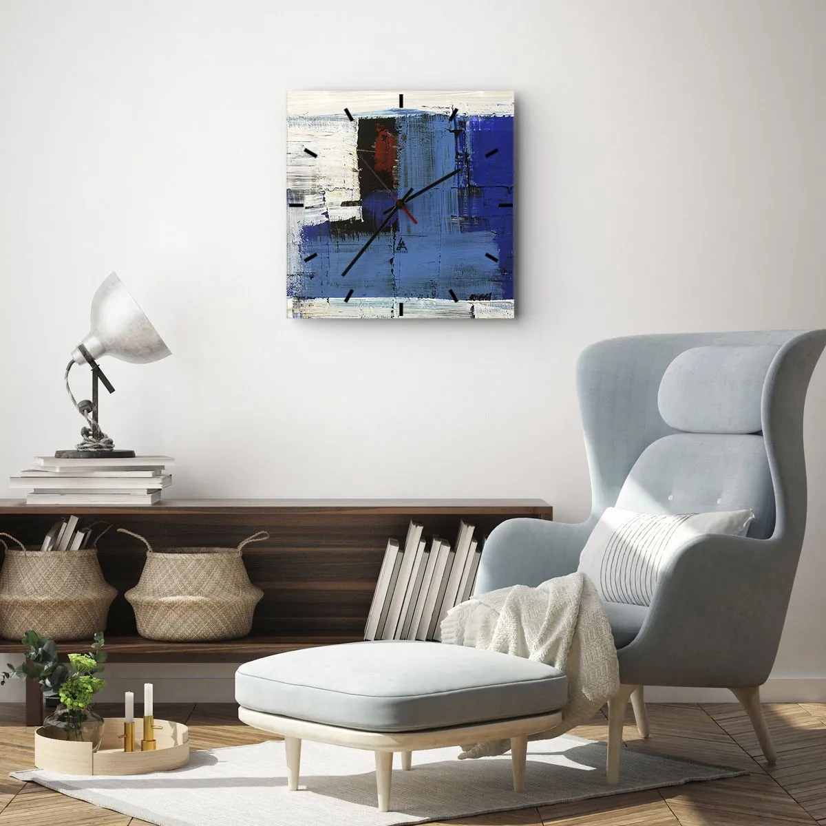 Reloj de pared - Reloj de vidrio - Composición abstracta en tonos azules y blancos. - 30x30cm - El secreto del azul - Decoración de pared moderna para salón y dormitorio ARTTOR
