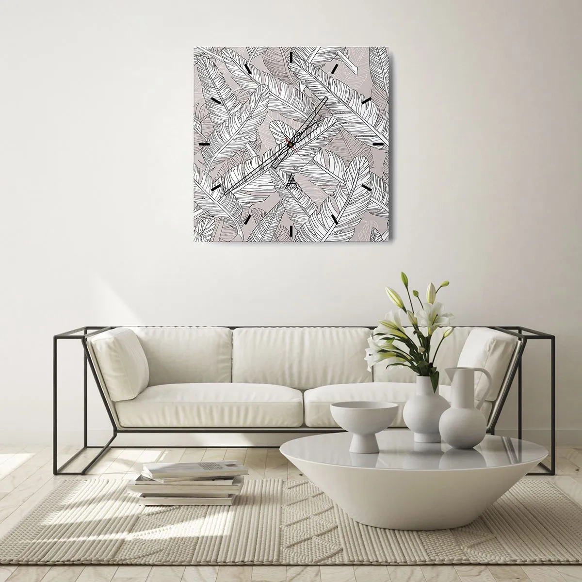 Reloj de pared - Reloj de vidrio - Patrón en blanco y negro con hojas de plátano sobre un fondo claro. - 30x30cm - Turbulencias de plumas - Decoración de pared moderna para salón y dormitorio ARTTOR