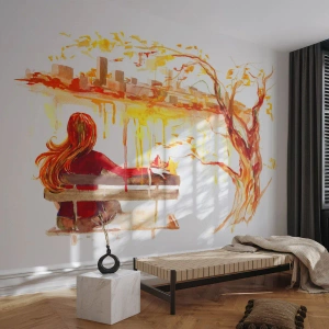 Fotomural Premium Canvas - Escena de acuarela de una mujer en un banco con vistas a la ciudad. - 100x70cm - Un momento de reflexión - Decoración de pared moderna para salón y dormitorio ARTTOR