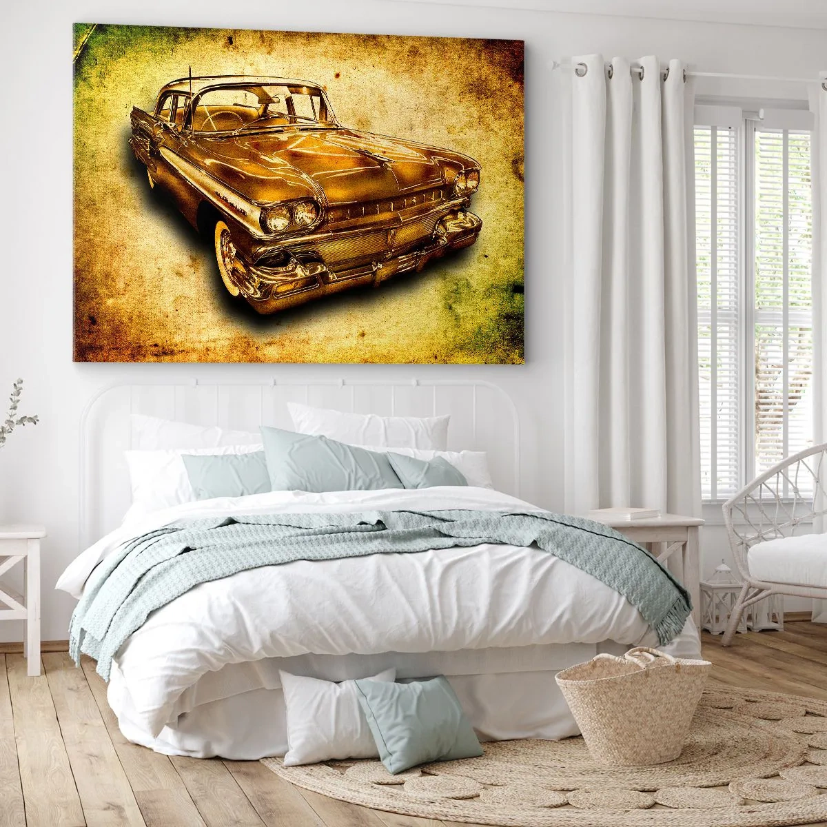 Cuadro sobre lienzo - Impresión de Imagen - Un coche retro clásico dorado sobre un fondo vintage con efecto envejecido. - 70x50cm - La belleza perdurable de los clásicos - Decoración de pared moderna para salón y dormitorio ARTTOR