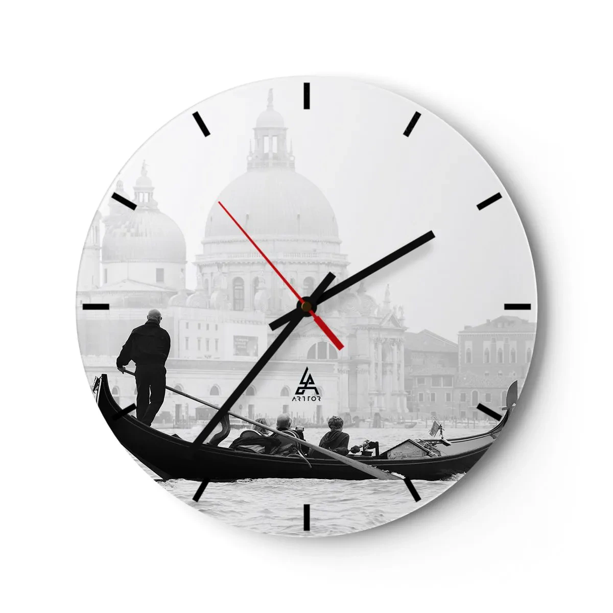 Reloj de pared - Reloj de vidrio - Una góndola con un gondolero frente a la Catedral de Venecia en blanco y negro. - 30x30cm - Un viaje a la fuente de la belleza - Decoración de pared moderna para salón, cocina y dormitorio ARTTOR