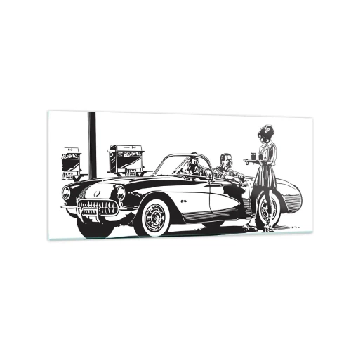 Cuadro sobre vidrio - Impresiones sobre Vidrio - Una escena retro en blanco y negro con un coche y una camarera en patines. - 120x50cm - Años 60 - la América despreocupada - Decoración de pared moderna para salón y dormitorio ARTTOR