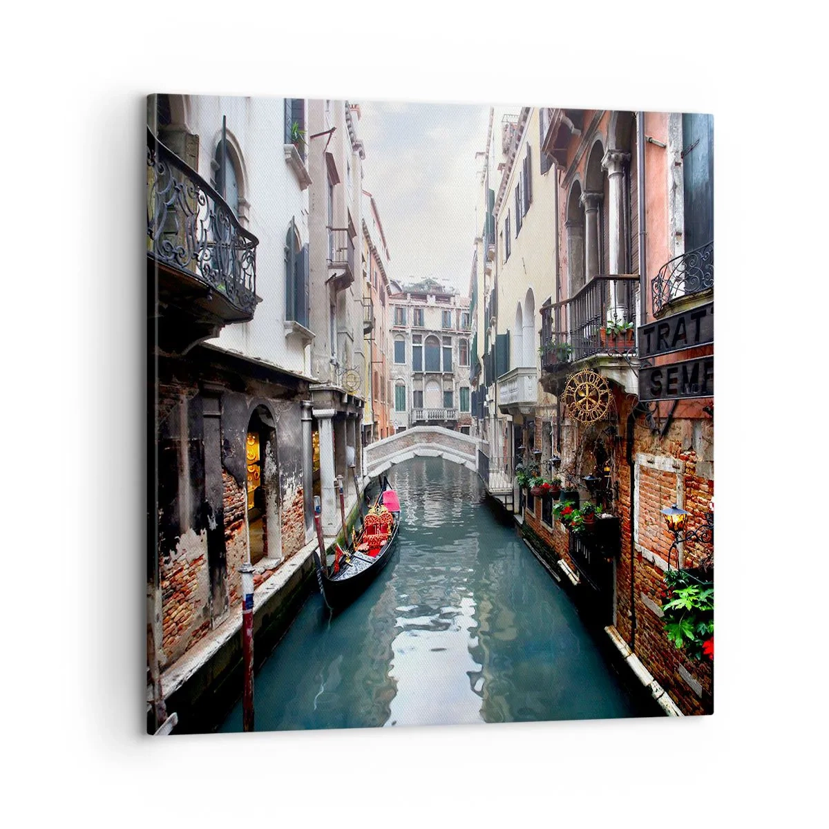 Cuadro sobre lienzo - Impresión de Imagen - Paisaje veneciano con góndola y puente - 60x60 cm