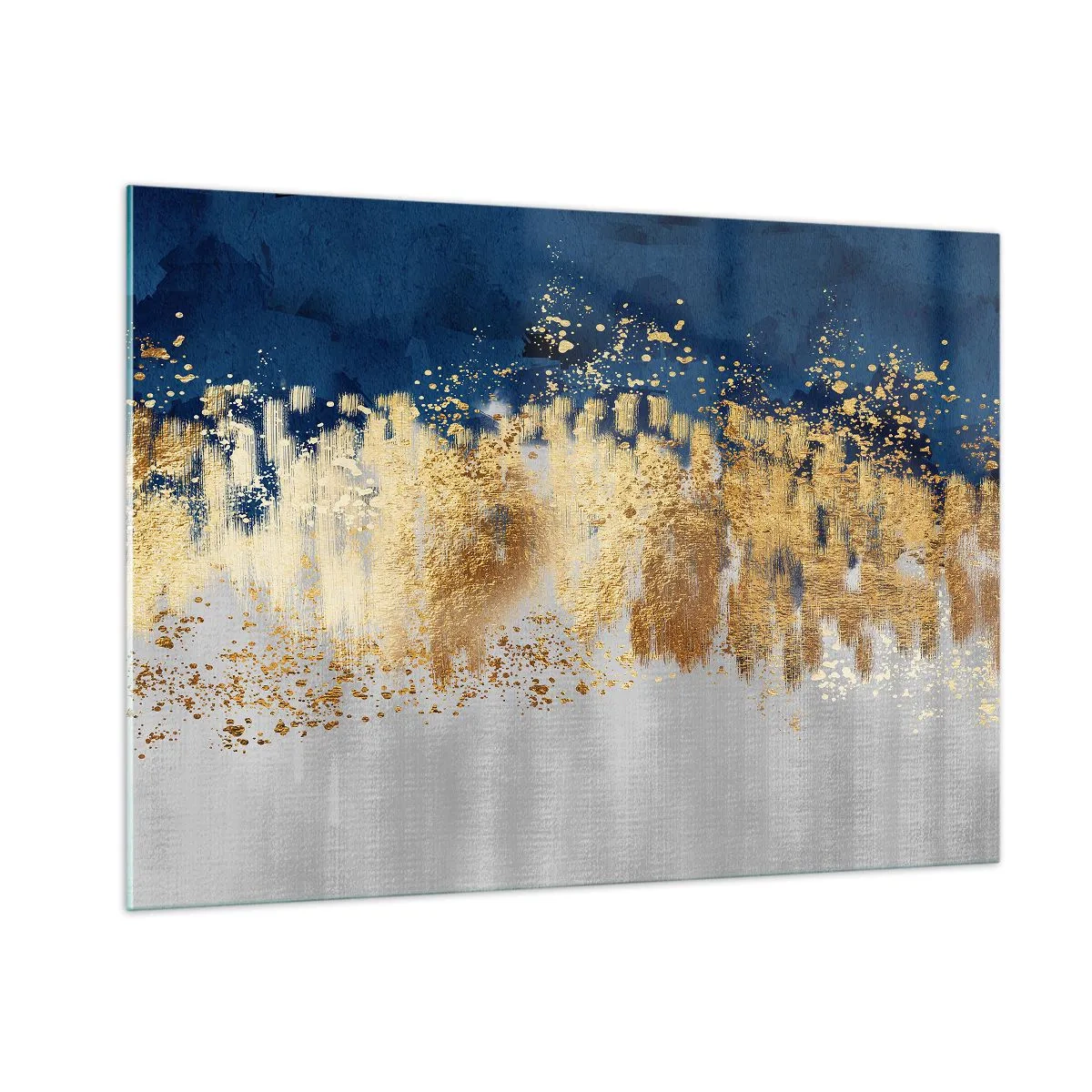 Cuadro sobre vidrio - Impresiones sobre Vidrio - Acentos dorados sobre un fondo azul marino y plateado. - 100x70cm - Composición moderna con chispas - Decoración de pared moderna para salón y dormitorio ARTTOR