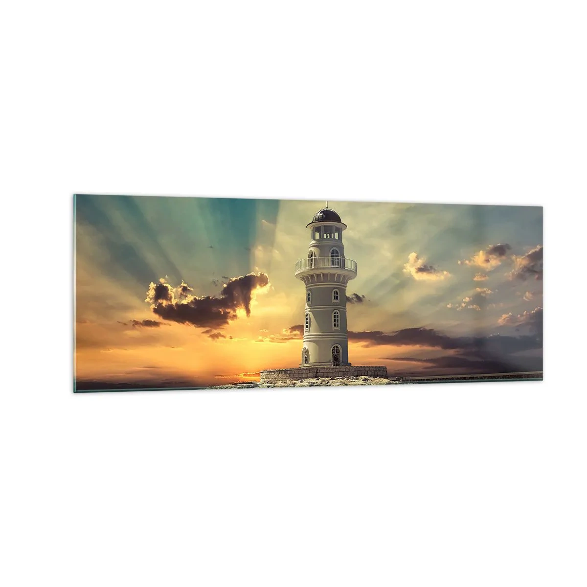 Cuadro sobre vidrio - Impresiones sobre Vidrio - Un faro al atardecer contra el cielo. - 140x50cm - Luz - Bondad - Belleza - Decoración de pared moderna para salón y dormitorio ARTTOR