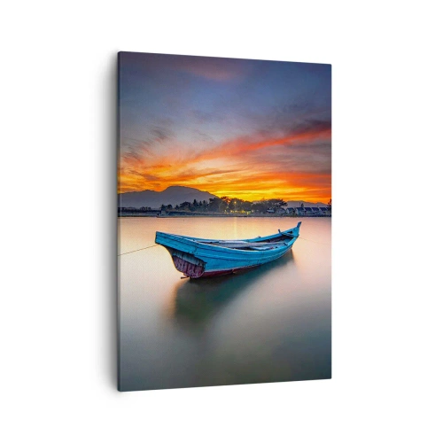 Cuadro sobre lienzo - Impresión de Imagen - Un barco en el agua durante una pintoresca puesta de sol. - 50x70cm - Se avecina una buena noche - Decoración de pared moderna para salón y dormitorio ARTTOR