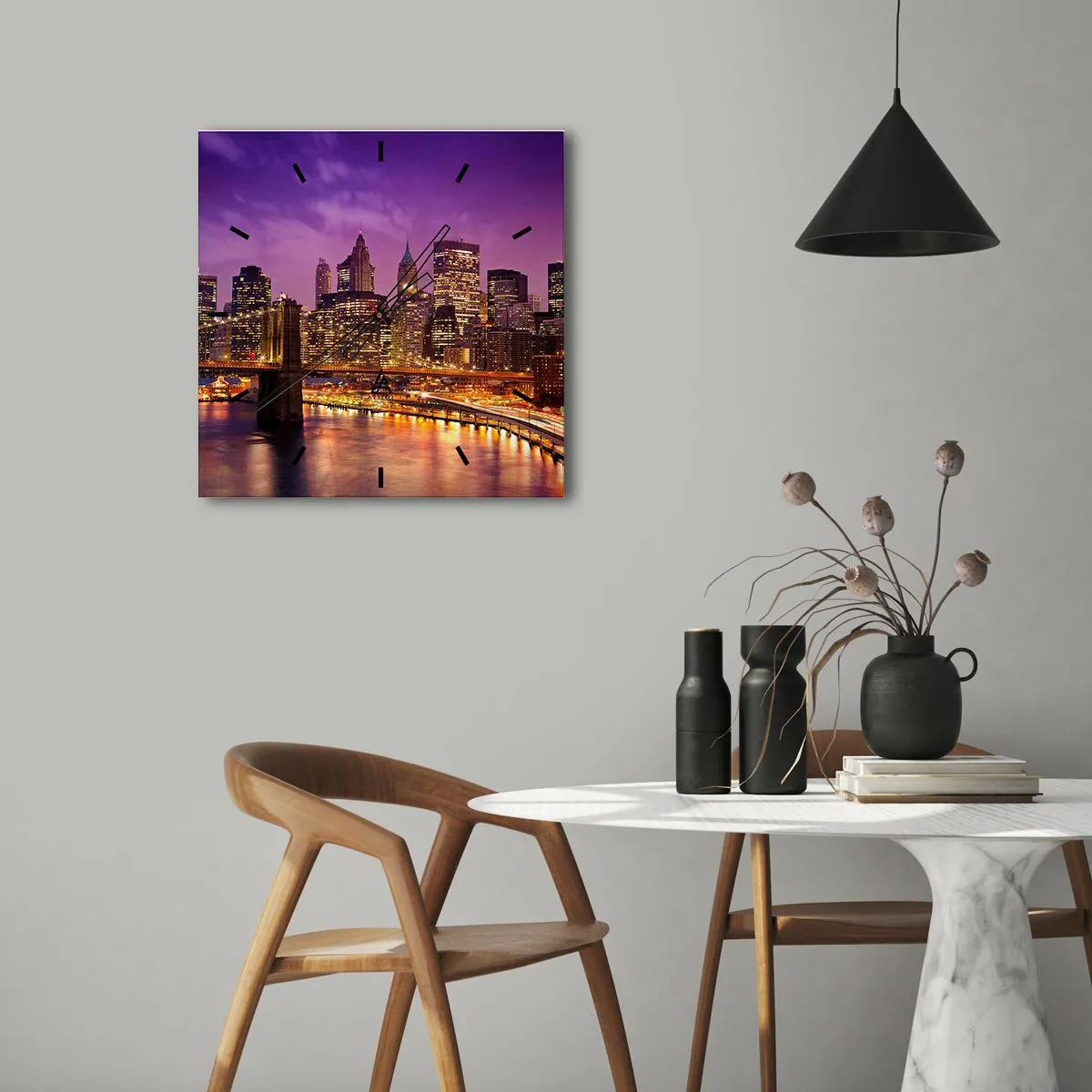 Reloj de pared - Reloj de vidrio - Manhattan púrpura y dorado - 30x30 cm