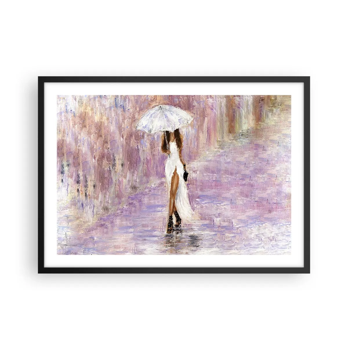 Póster en marco negro - Una mujer con paraguas caminando bajo la lluvia en tonos lilas - 70x50cm - En la lluvia de lilas - Decoración de pared moderna para salón y dormitorio ARTTOR