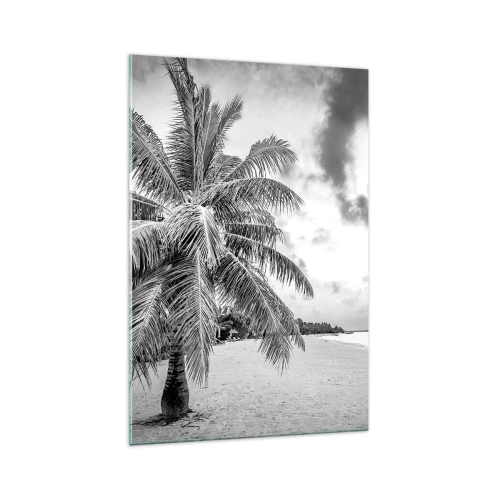 Cuadro sobre vidrio - Impresiones sobre Vidrio - Palmera en blanco y negro en una playa vacía con nubes - 70x100cm - Anhelo de soledad.... - Decoración de pared moderna para salón y dormitorio ARTTOR