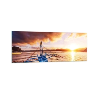 Cuadro sobre vidrio - Impresiones sobre Vidrio - Barco azul en la playa al atardecer - 140x50cm - Después de un largo día, relájate en la arena - Decoración de pared moderna para salón y dormitorio ARTTOR