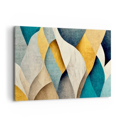 Cuadro sobre lienzo - Impresión de Imagen - Ondas abstractas en tonos azules y dorados. - 100x70cm - Ritmo y ondulación - Decoración de pared moderna para salón y dormitorio ARTTOR