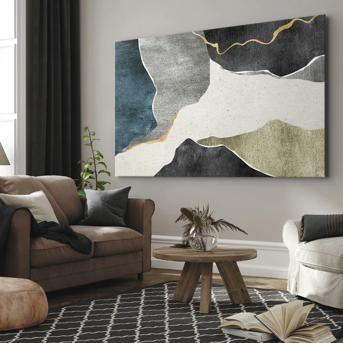 Cuadro sobre lienzo - Impresión de Imagen - Formas geométricas en tonos grises, verdes y dorados. - 70x50cm - Composición en mosaico con una hebra de oro - Decoración de pared moderna para salón y dormitorio ARTTOR