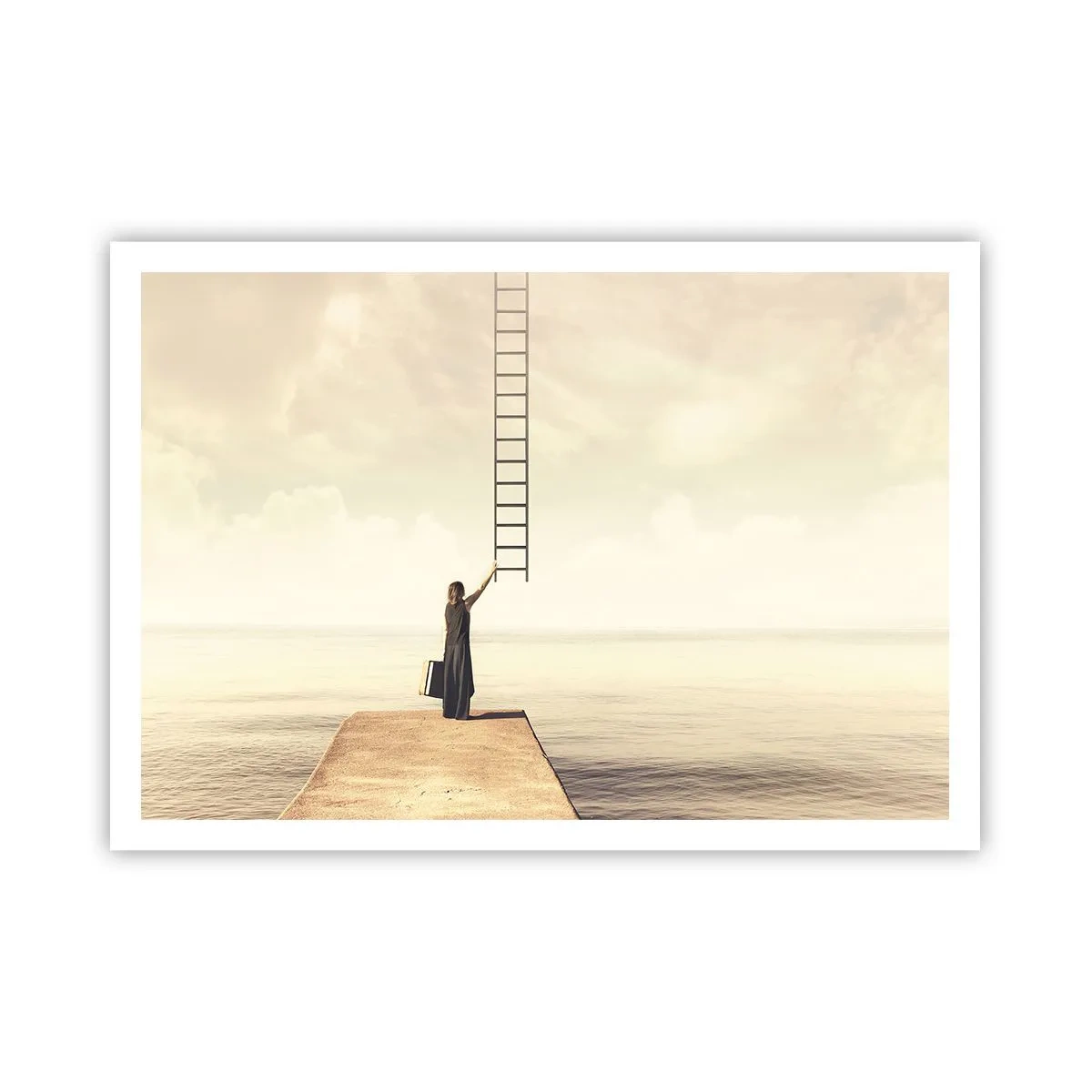 Póster - Una mujer parada en un muelle con una escalera que conduce al cielo. - 100x70cm - Un viaje mágico - Decoración de pared moderna para salón y dormitorio ARTTOR