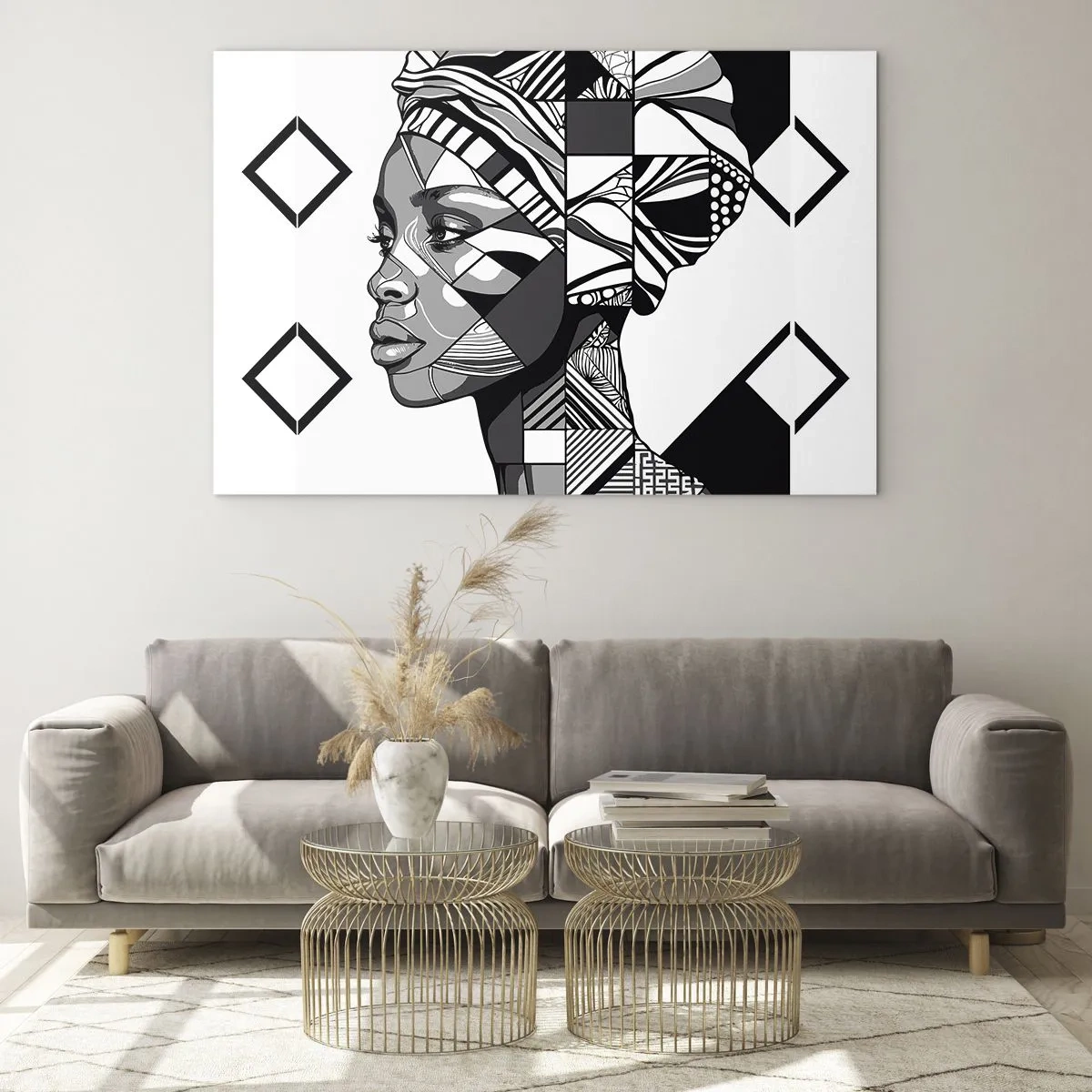 Cuadro sobre vidrio - Impresiones sobre Vidrio - Retrato étnico en blanco y negro de una mujer con patrones geométricos. - 70x50cm - Retrato étnico - Decoración de pared moderna para salón y dormitorio ARTTOR