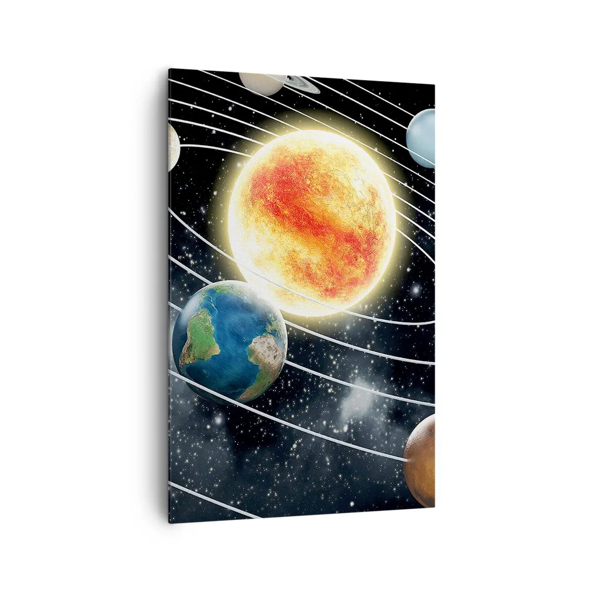 Cuadro sobre lienzo - Impresión de Imagen - Sistema solar con planetas y sol en el espacio. - 80x120cm - Danza cósmica - Decoración de pared moderna para salón y dormitorio ARTTOR