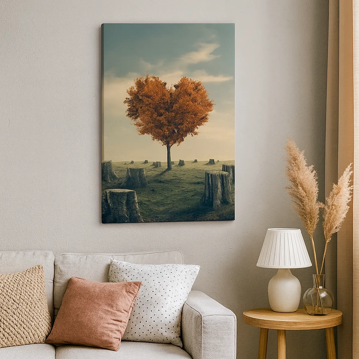 Cuadro sobre lienzo - Impresión de Imagen - Un árbol en forma de corazón en un campo de tocones, símbolo de esperanza. - 50x70cm - Todavía hay esperanza - Decoración de pared moderna para salón y dormitorio ARTTOR