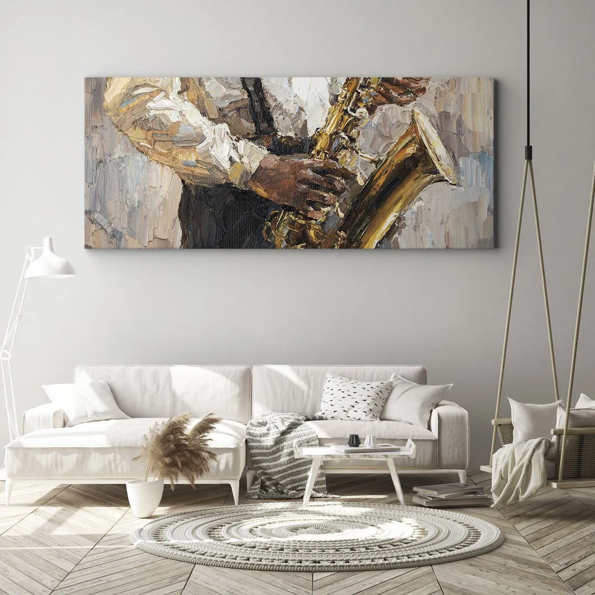 Cuadro sobre lienzo - Impresión de Imagen - Un músico tocando el saxofón con un estilo artístico. - 120x50cm - Llegó el momento del solo - Decoración de pared moderna para salón y dormitorio ARTTOR