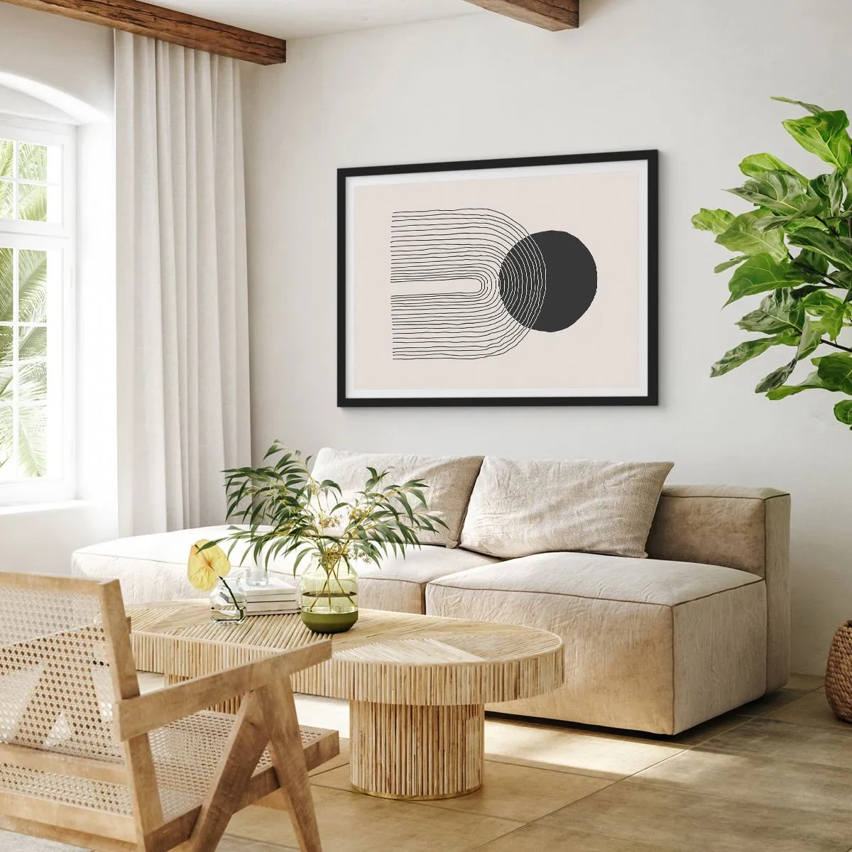 Póster en marco negro - Patrón abstracto con líneas y un círculo negro sobre un fondo claro - 100x70cm - Temblor y certeza - Decoración de pared moderna para salón y dormitorio ARTTOR