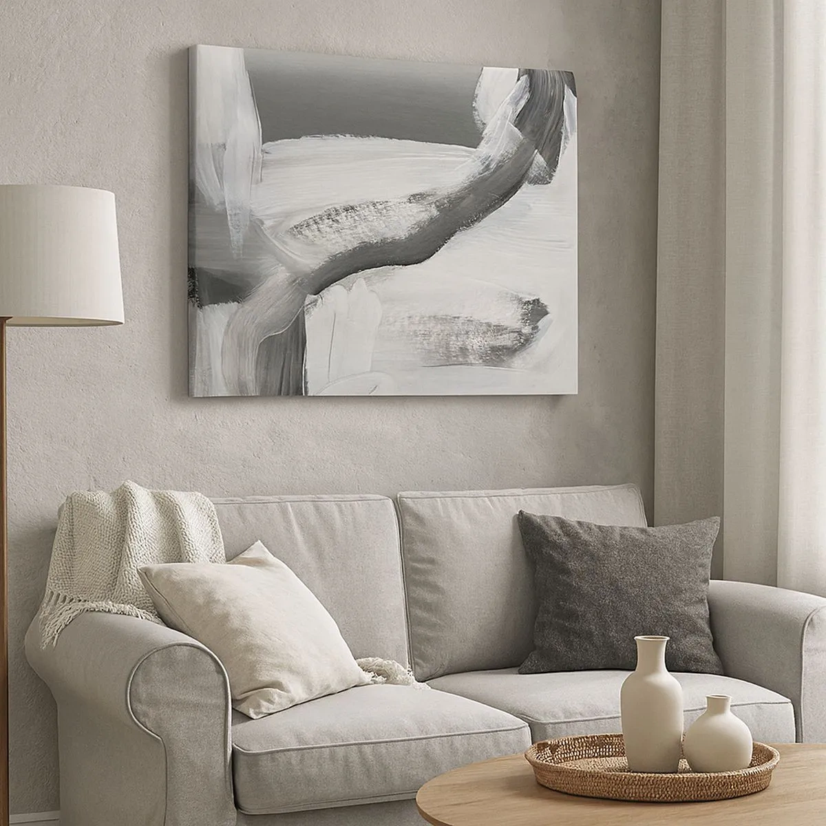 Cuadro sobre lienzo - Impresión de Imagen - Abstracción gris y blanca con líneas dinámicas. - 70x50cm - Con movimientos decididos - Decoración de pared moderna para salón y dormitorio ARTTOR