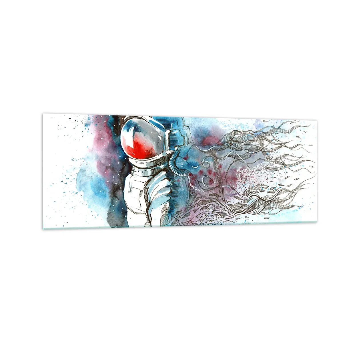 Cuadro sobre vidrio - Impresiones sobre Vidrio - Un cosmonauta en una acuarela dinámica con detalles cósmicos. - 140x50cm - A solas con el cosmos - Decoración de pared moderna para salón y dormitorio ARTTOR