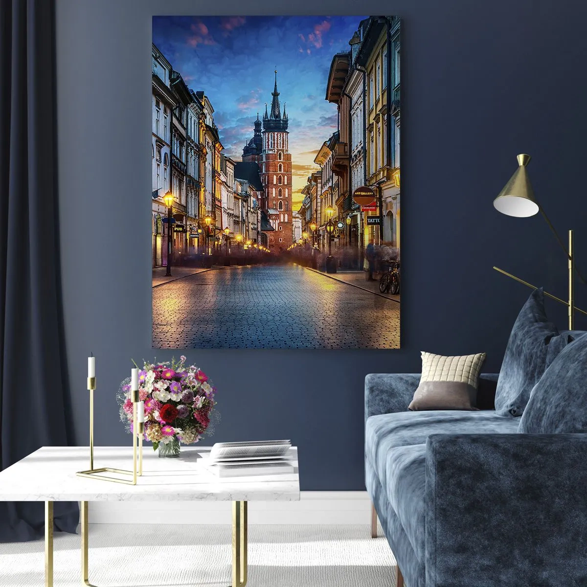 Cuadro sobre vidrio - Impresiones sobre Vidrio - Calle al atardecer con vistas a la Catedral de Cracovia - 70x100cm - El encanto de Cracovia - Decoración de pared moderna para salón y dormitorio ARTTOR