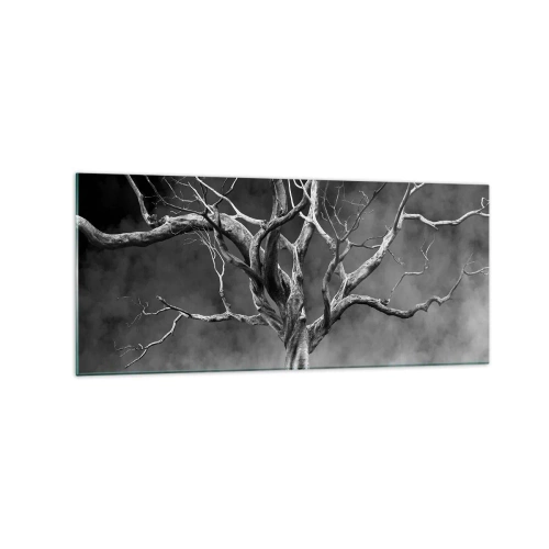 Cuadro sobre vidrio - Impresiones sobre Vidrio - Un árbol seco en blanco y negro contra la niebla. - 120x50cm - Primordial y sagrado - Decoración de pared moderna para salón y dormitorio ARTTOR