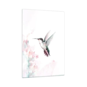Cuadro sobre vidrio - Impresiones sobre Vidrio - Un colibrí en delicados colores pastel sobre un fondo de flores. - 80x120cm - Plasmando el aleteo - Decoración de pared moderna para salón y dormitorio ARTTOR