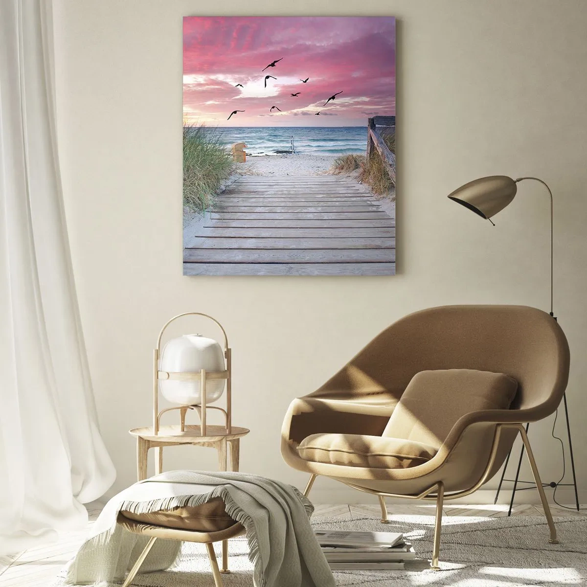 Cuadro sobre vidrio - Impresiones sobre Vidrio - Camino a la playa al atardecer con pájaros volando - 50x70cm - Impresión del Báltico - Decoración de pared moderna para salón y dormitorio ARTTOR