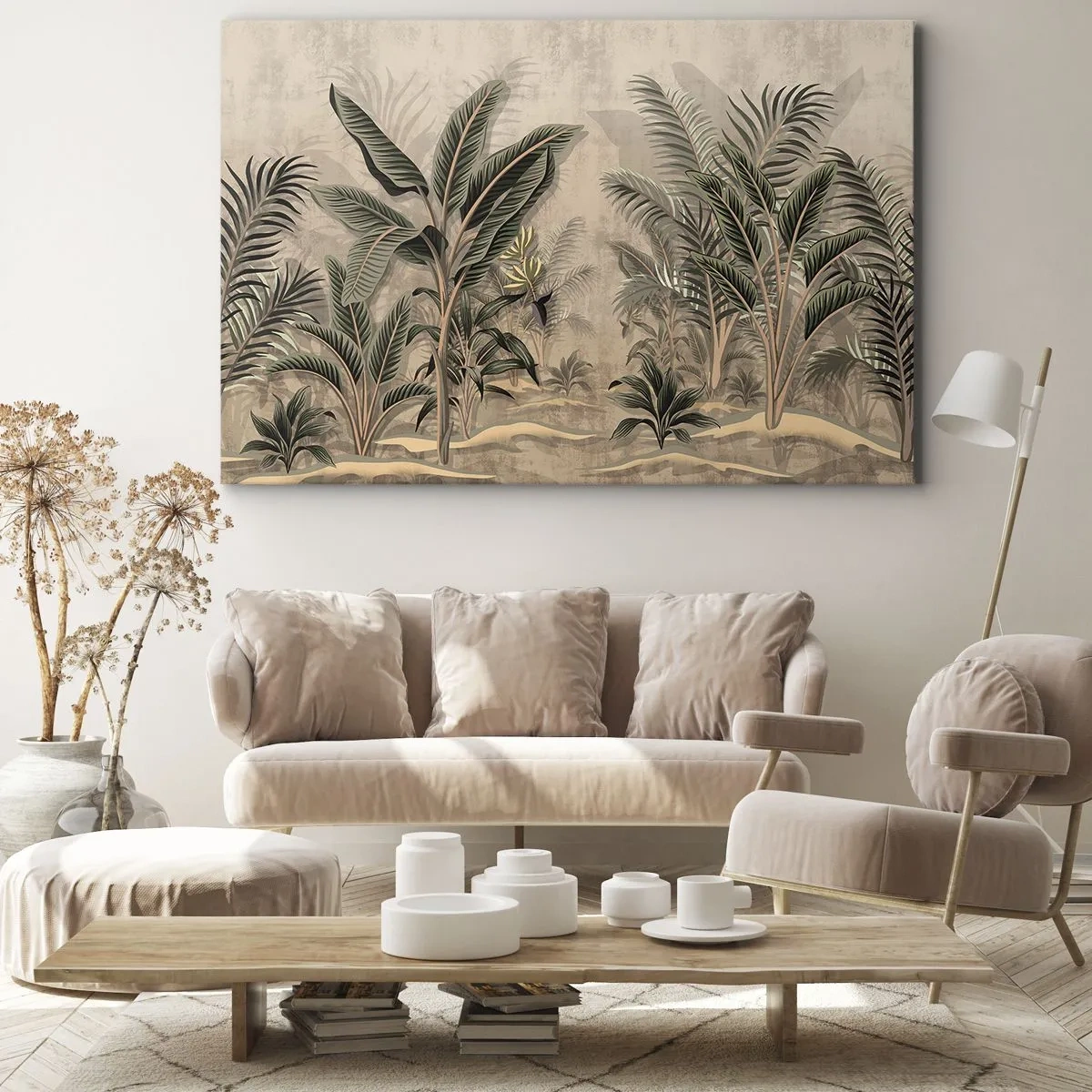 Cuadro sobre lienzo - Impresión de Imagen - Palmeras y vegetación tropical en tonos verdes sobre fondo beige. - 120x80cm - Grabados de estilo colonial - Decoración de pared moderna para salón y dormitorio ARTTOR