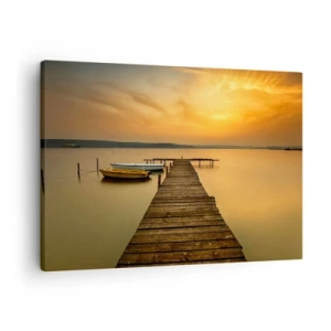 Cuadro sobre lienzo - Impresión de Imagen - Muelle de madera y barcos en el lago al atardecer - 70x50cm - Abriré el cielo dorado para ti - Decoración de pared moderna para salón y dormitorio ARTTOR