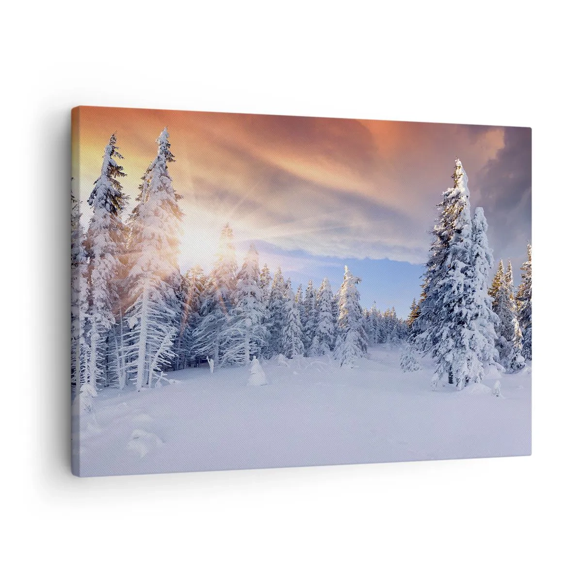 Cuadro sobre lienzo - Impresión de Imagen - Paisaje invernal con un bosque nevado al atardecer - 70x50cm - Un espectáculo de naturaleza nevada - Decoración de pared moderna para salón y dormitorio ARTTOR