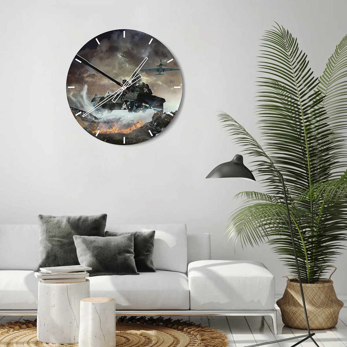 Reloj de pared - Reloj de vidrio - Tanques y aviones en acción - 30x30cm - La batalla es terrible y hermosa - Decoración de pared moderna para salón, cocina y dormitorio ARTTOR